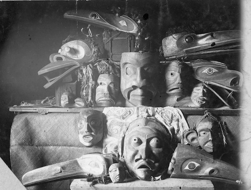 Potlatch masks from Xumtaspi, Ft.Rupert, Alert Bay, Takush   Univ.Penna  Museum,  1899
